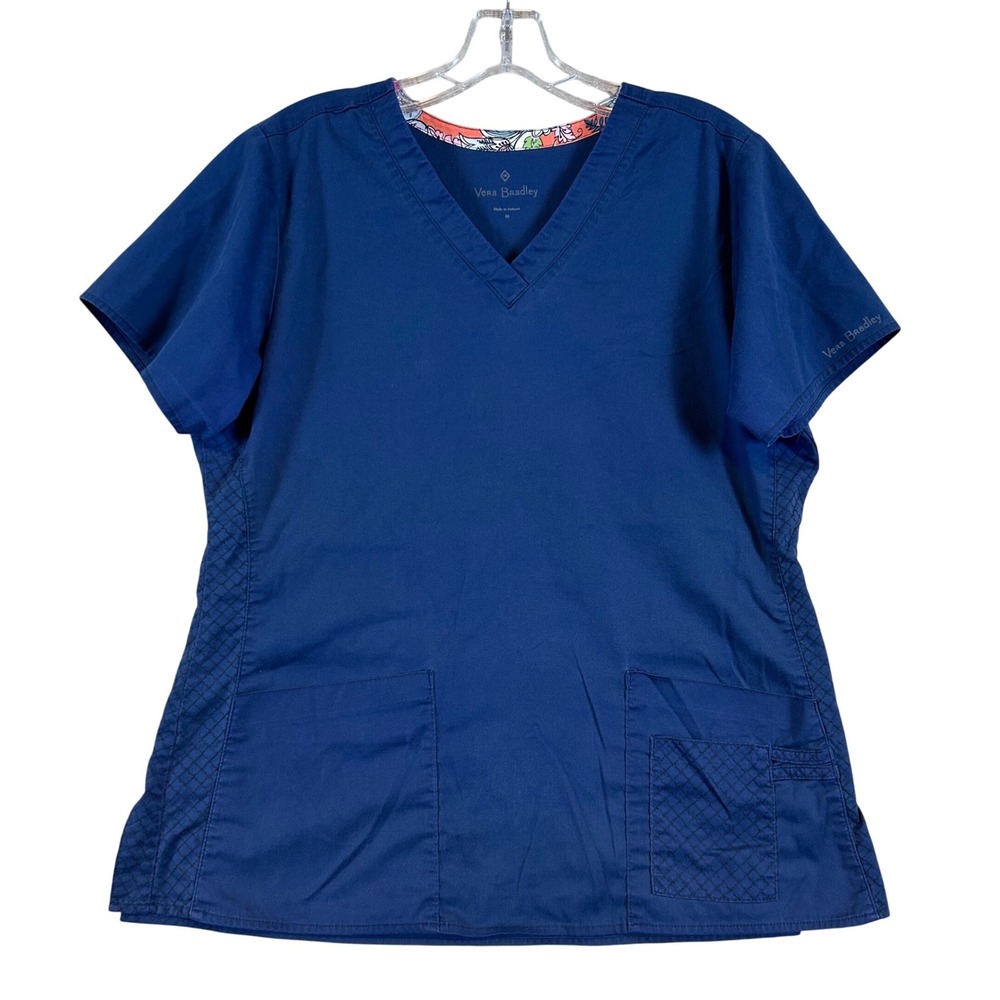 Vera Bradley Navy Blue V-Neck Scrub Top Quilted Accents Womens Size Med. Nursing